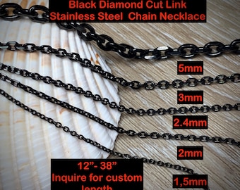 Black Diamond Cut Stainless Steel Link Chain Necklace for Men or Women: Waterproof, Personalize Custom Lengths, Special for Gift Giving