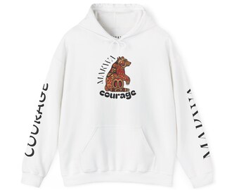 Bear Courage hoodie | Native-inspired bear illustration, 'COURAGE' sleeve text