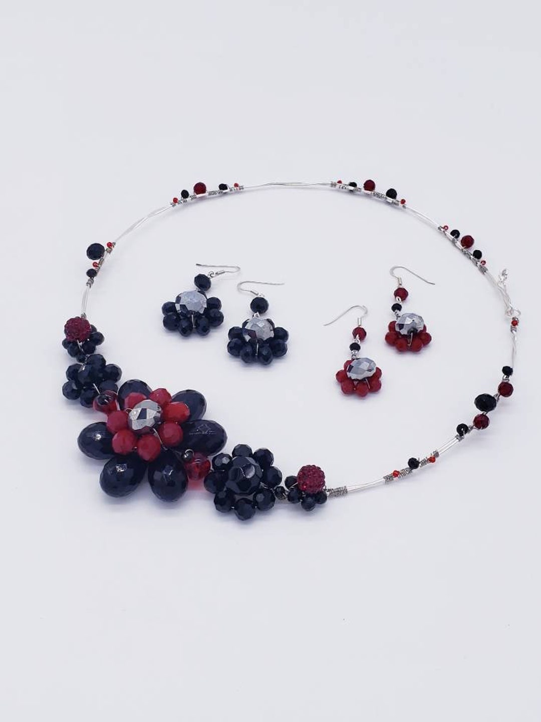 Black and Red Necklace Flower Jewelry Set, Red and Black Jewelry ...