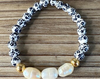 White & blue porcelain with 14K gold plated beads and pearls