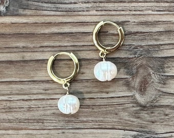 Gold Huggie Hoops with Freshwater Pearl