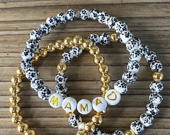 MAMA stacked bracelets with white & blue porcelain bracelet and 14K gold plated beads
