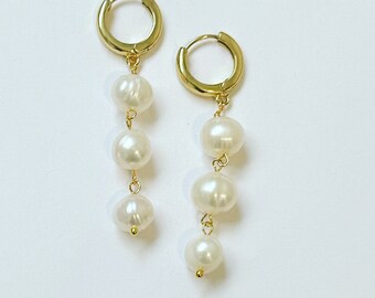 Gold Huggie Hoops with Freshwater Pearls