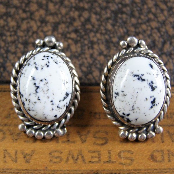 Navajo sterling white Buffalo turquoise earrings vintage silver T Wilson signed black white stone stud post Native American jewelry earrings