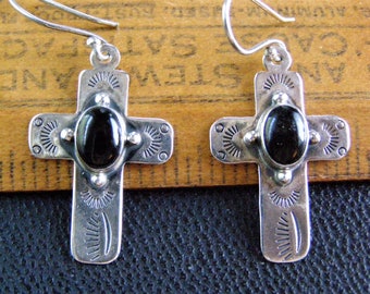 vintage sterling onyx cross earrings stamped sterling silver southwestern jewelry cross earrings southwestern jewelry earrings