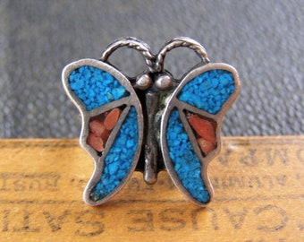 Sterling Silver Mini Butterfly With Simulated Blue Turquoise Chips Inlay Charm