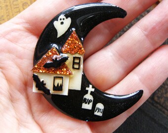 vintage halloween house pin by lucinda moon graveyard house pins lucinda ghost black orange glitter halloween jewelry pin brooch decoration
