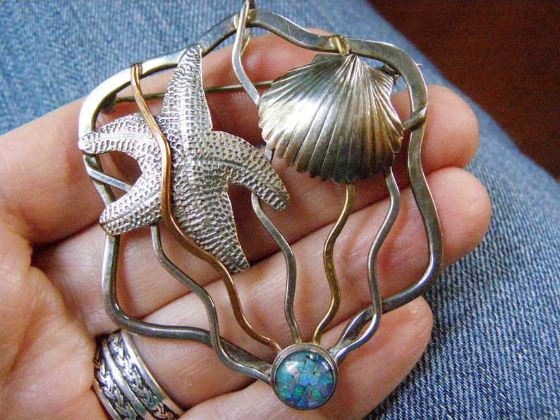 vintage sterling starfish modernist opal pin pendant silver copper brass sterling mixed metal beach sea shell theme mosaic opal pin pendant