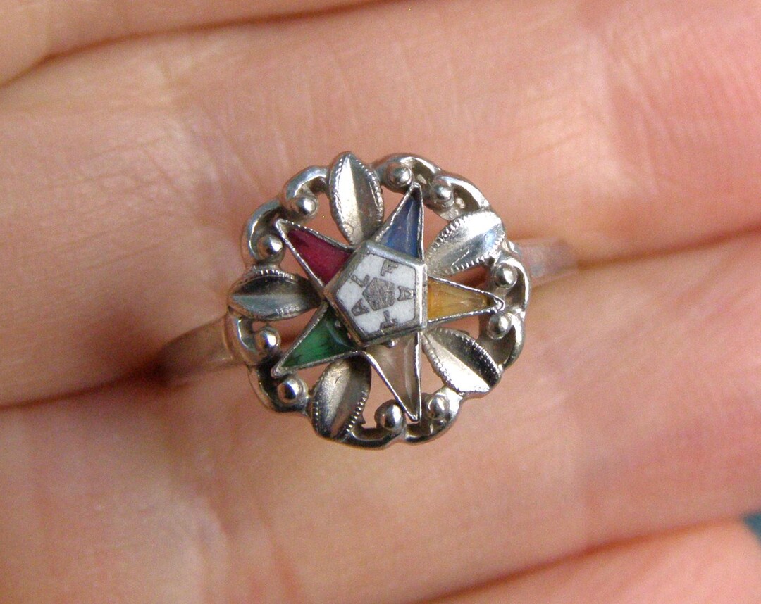 Vintage 10k White Gold Eastern Star Ring Crosby Solid 10k Gold Enamel ...