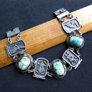 vintage Sterling Art Deco Egyptian revival scarab bracelet, blue faience scarab beetle, sterling pharaoh estate jewelry sterling bracelet