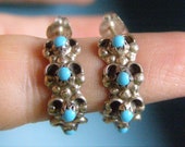 vintage zuni turquoise petit point hoop earrings sterling native american needlepoint snake eye turquoise huggie half hoop stud earrings
