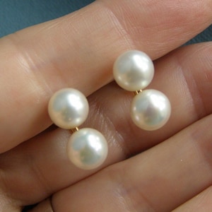 Vintage 14k gold double Pearl earrings solid 14k gold 7mm pearl screw back earrings bridal mid century jewelry earrings birthday gift her