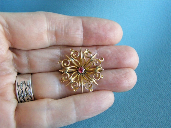 vintage victorian 10k gold ruby starburst pin pen… - image 2