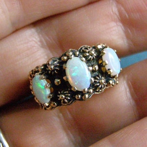 vintage 14k gold fire opal ring antique 3 stone fire opal solid 14k gold Etruscan ring estate jewelry opal ring jewelry gift for her him