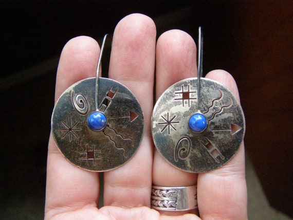 vintage sterling lapis petroglyph earrings native… - image 2