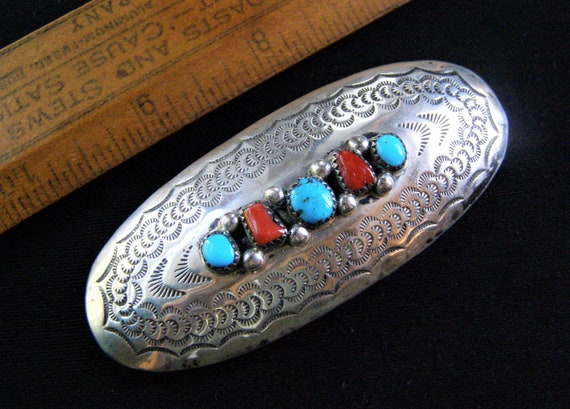 vintage navajo turquoise coral hair barrette clip