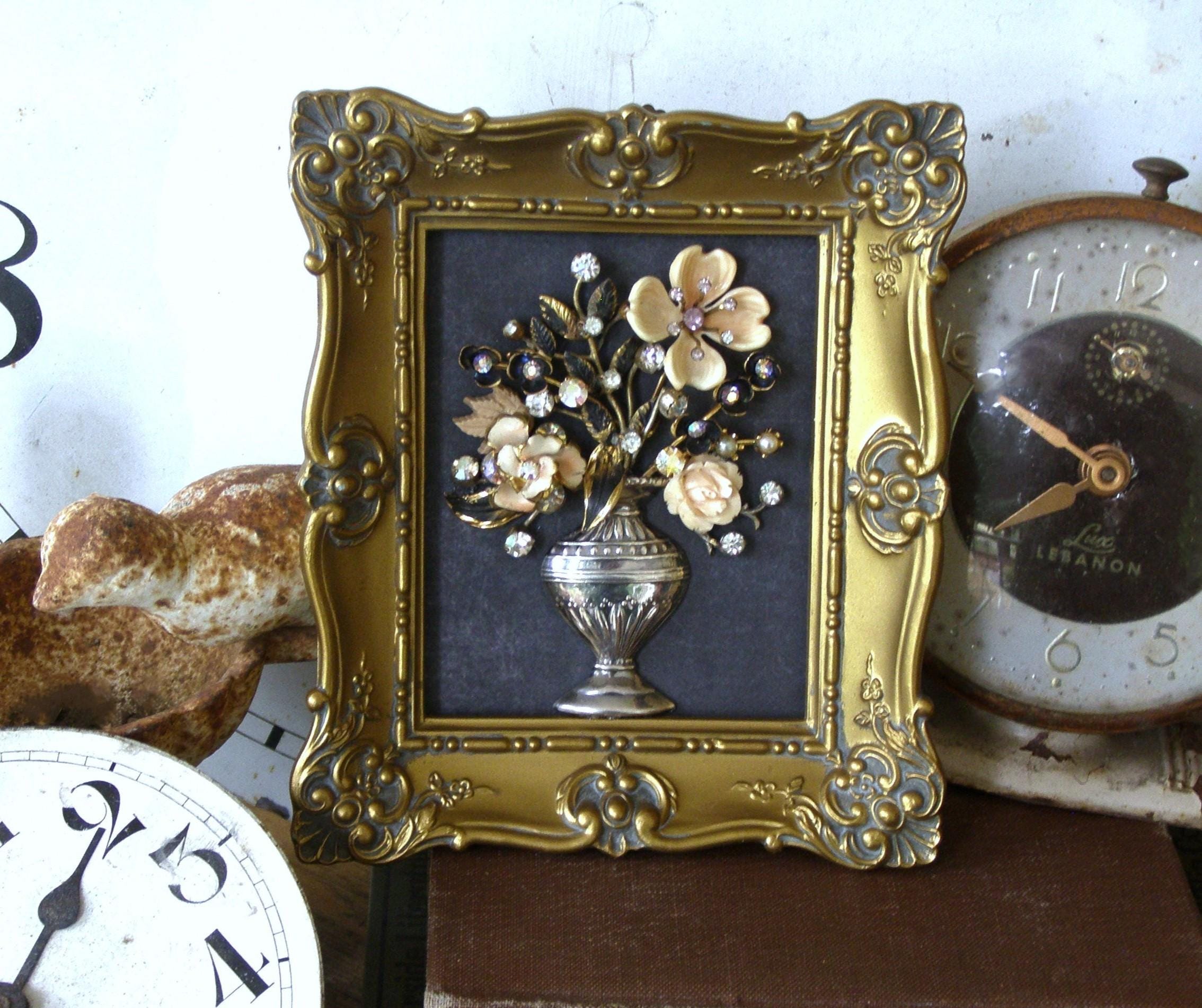 Original Framed Floral Jewelry Collage Art: Vintage Enamel Flower Bouquet, Rhinestone Jewelry, Cottagecore Decor