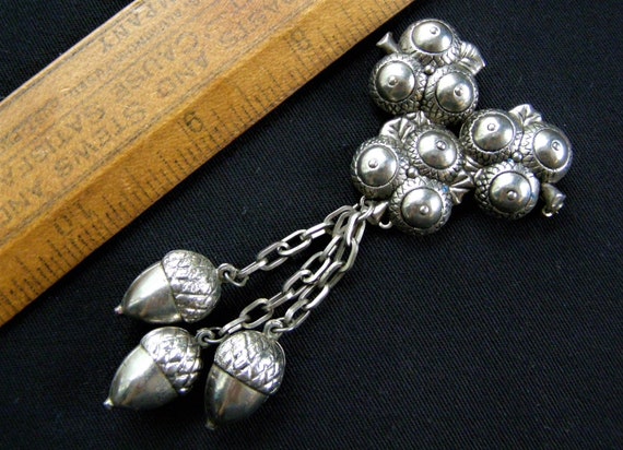 vintage acorn silver pot metal pin multi dangle b… - image 1