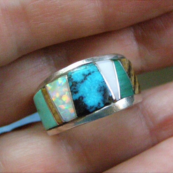 vintage navajo turquoise sterling ring opal tigers eye multi stone inlay size 5 1/2 native american jewelry Begay ring band gift for her him