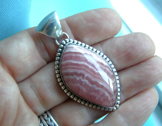 Vintage Navajo Sterling Rhodochrosite Pendant, Signed PERRY, Native American Jewelry