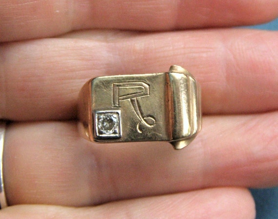 vintage 10k gold diamond signet ring letter R sig… - image 1