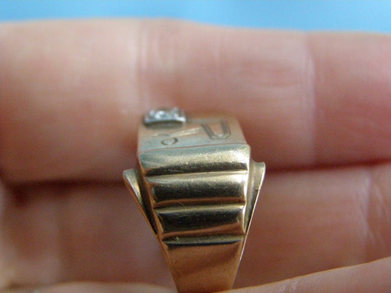 vintage 10k gold diamond signet ring letter R sig… - image 8