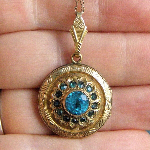 vintage Art Deco gold filled blue paste stones locket pendant necklace PS Co Plainville Stock locket photo holder, Keepsake Jewelry gift her