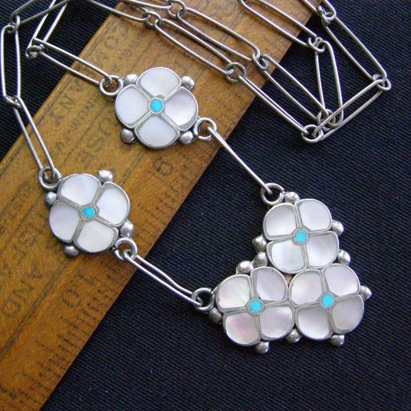 vintage zuni turquoise sterling flower pendant necklace mother of pearl turquoise channel inlay zuni jewelry pendant necklace gift for her