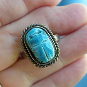 Vintage Egyptian Revival Scarab Ring: 800 Silver & Blue Ceramic, Adjustable