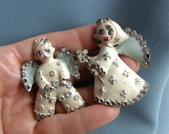 Rare Vintage Rhinestone Boy Girl Angel Dress Clips Lot, Floral Enamel fur Clips, Blonde hair, blue eyed, Winged Christmas Angels