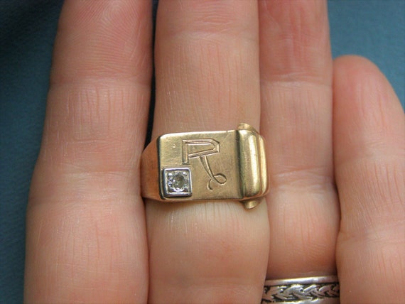 vintage 10k gold diamond signet ring letter R sig… - image 10