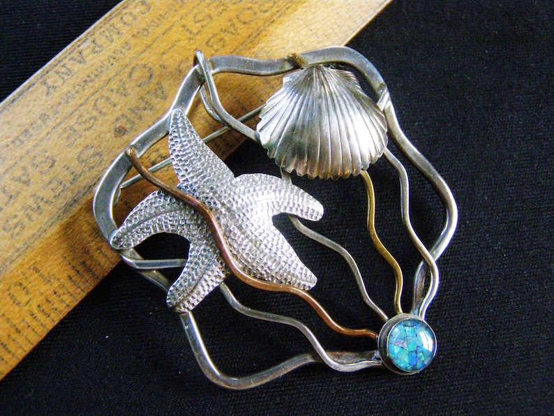 vintage sterling starfish modernist opal pin pendant silver copper brass sterling mixed metal beach sea shell theme mosaic opal pin pendant