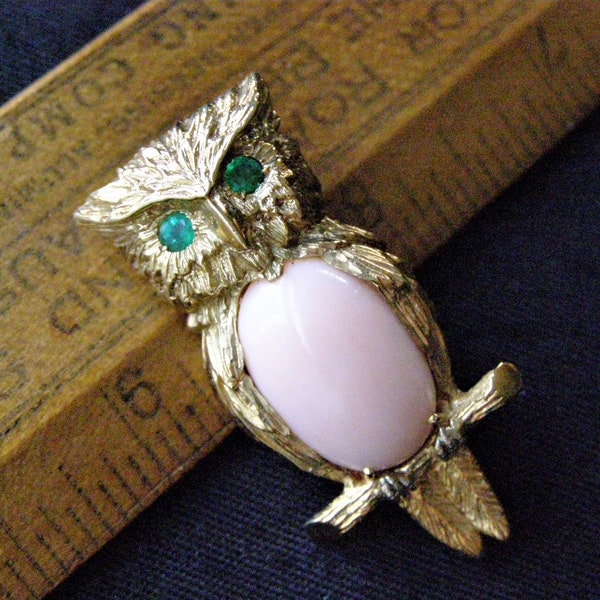 Vintage 18k gold Owl pin Van Cleef & Arpels emerald and angel skin coral owl brooch clip VCA 18k solid gold estate jewelry pin gift for her