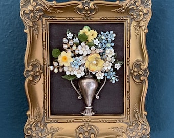 Vintage Rhinestones Enamel Flower Bouquet Framed Jewelry Art, Handmade Blue White Yellow Flowers, Cameo Creations Frame