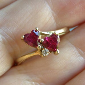 Vintage 14K Gold Ruby Double Heart CZ Size 7 Ring, Engagement Promise Ring