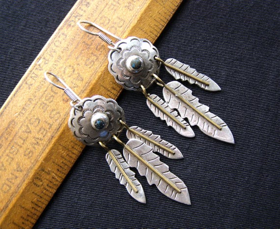 Vintage Taxco Sterling Turquoise Mixed Metal Feather Earrings, Southwestern Mexico Jewelry