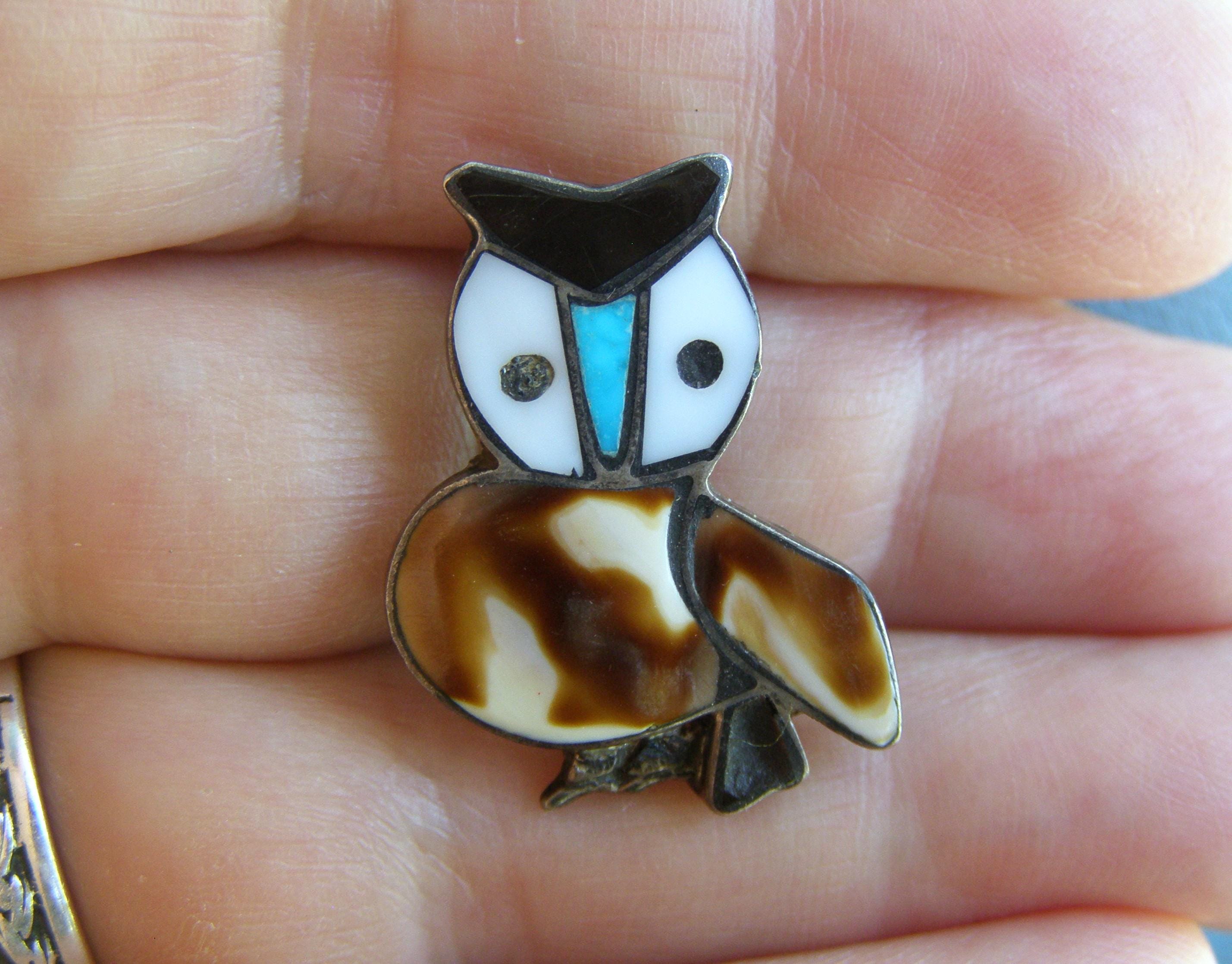 Vintage Zuni Sterling Turquoise Owl Pin: Onyx & Mother of Pearl