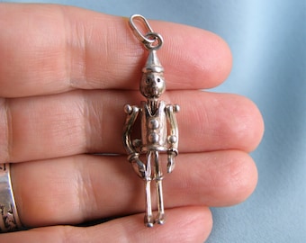 vintage sterling pinocchio articulated puppet pendant Italy designer signed sterling articulated pinocchio jewelry pendant gift for her him