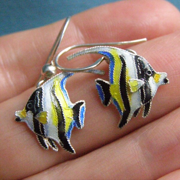 vintage Zarah sterling enamel fish earrings signed Zarah sterling blue yellow enamel angel fish earrings enamel jewelry gift for her