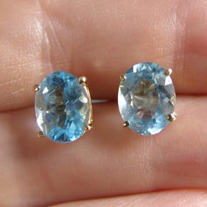 vintage 14k gold blue topaz stud earrings 4 CTW 14k yellow gold blue oval topaz fine jewelry earrings, estate jewelry, birthday gift for her