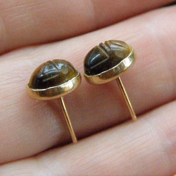 vintage 14k gold tigers eye scarab stud earrings solid s14k yellow gold egyptian scarab bug beetle jewelry stud earrings gift for her