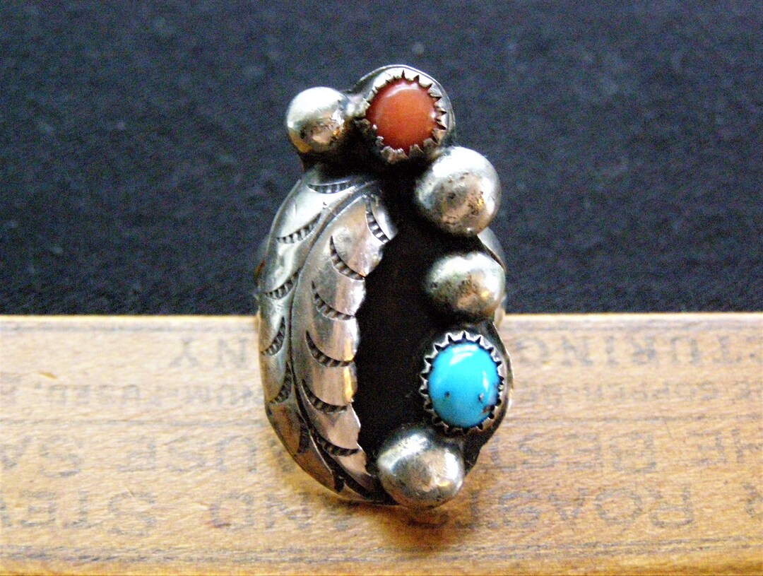 Vintage Navajo Sterling Turquoise Coral Feather Ring Old Pawn - Etsy