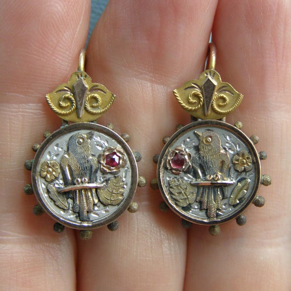 Antique Victorian 10k Gold Ruby Bird Swallow Earrings, Estate Jewelry,  4.5 Grams Gold lot