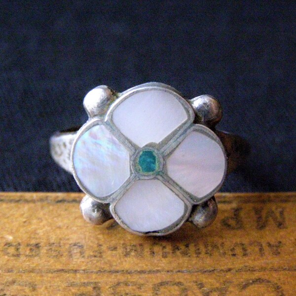 vintage zuni turquoise sterling flower ring mother of pearl turquoise channel inlay ring zuni turquoise jewelry size 7 1/4 ring gift for her