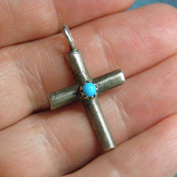 vintage old pawn zuni sterling snake eye turquoise cross pendant southwestern turquoise cross native american jewelry gift for her or him