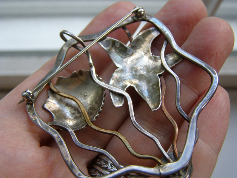 vintage sterling starfish modernist opal pin pendant silver copper brass sterling mixed metal beach sea shell theme mosaic opal pin pendant