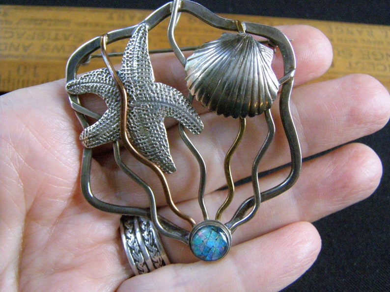 vintage sterling starfish modernist opal pin pendant silver copper brass sterling mixed metal beach sea shell theme mosaic opal pin pendant