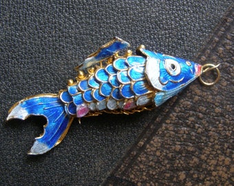 Chinese Enamel Koi Fish Pendant Vintage Chinese Export Vintage Gilt Silver Articulated Fish jewelry pendant for Necklace Blue Enamel Fish