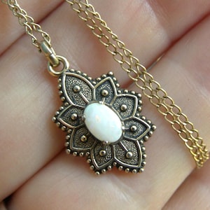 Vintage 12K Gold Filled Opal Pendant Necklace: Mandala Design Estate Jewelry