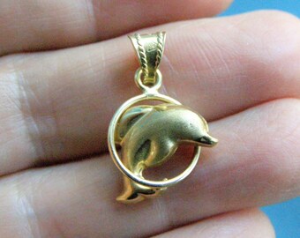 vintage 14k gold Dolphin pendant signed OR Italy 14k solid gold dolphin in hoop pendant fine estate jewelry beach lover gift for her him